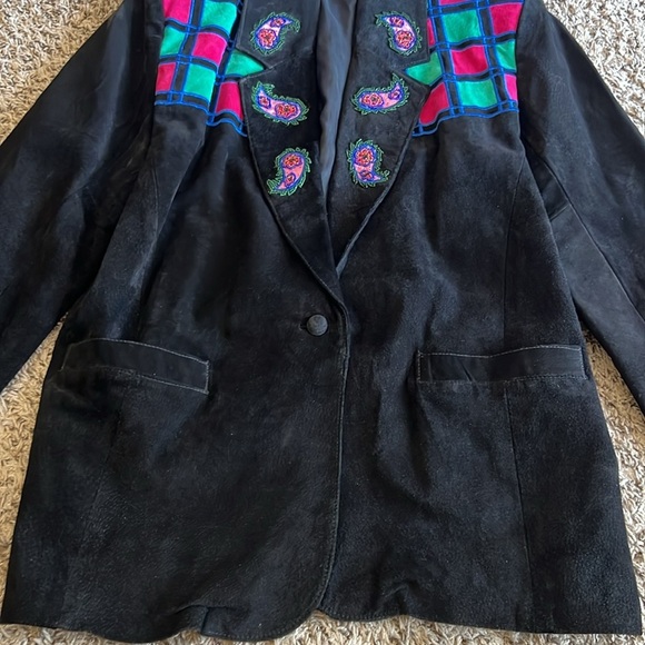 Erez Sport Vintage 80s Black Leather Check & Beaded Paisley Jacket Coat Size L - Picture 7 of 12
